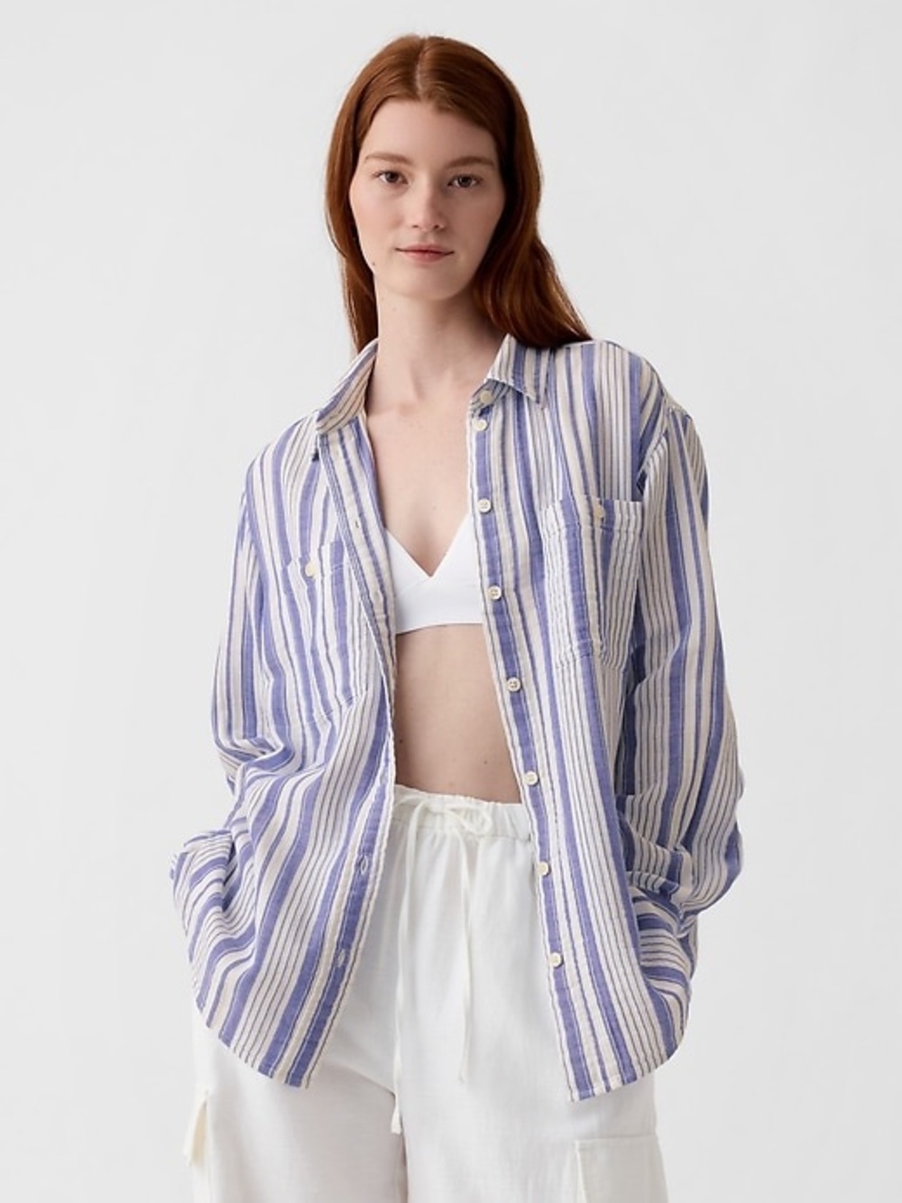 GAP Crinkle Gauze The Big Shirt in Blue Stripe Size XXS